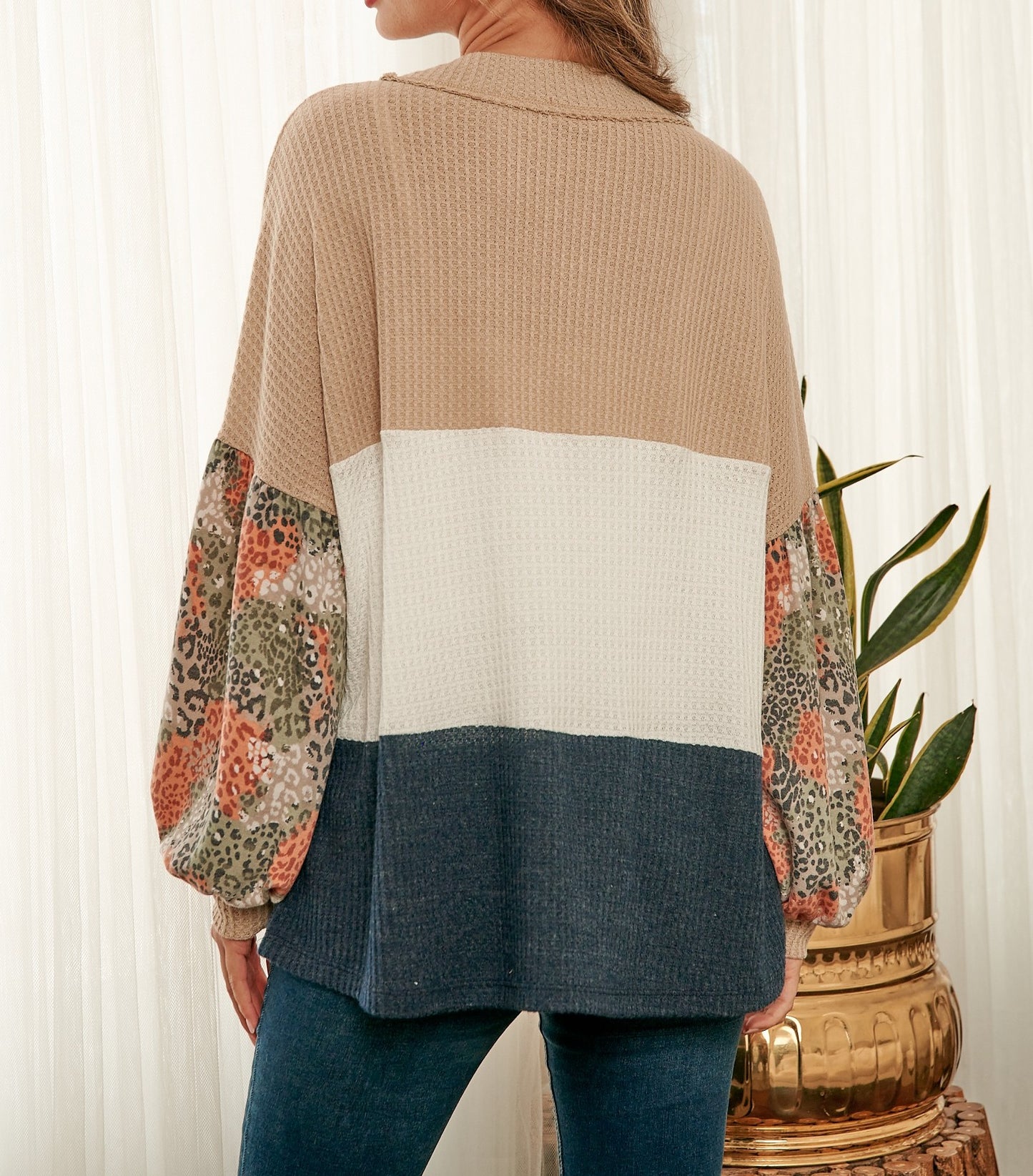 Waffle Knit Top With Animal-printed