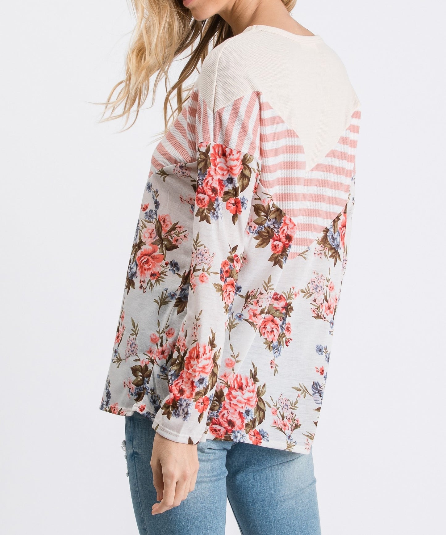 Print, Solid, And Stripe Mixed Long Sleeve Top