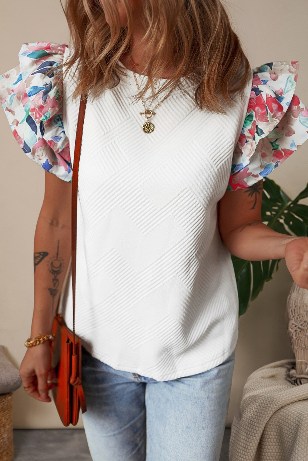 Abstract Print Tiered Ruffled Sleeve Knit Top