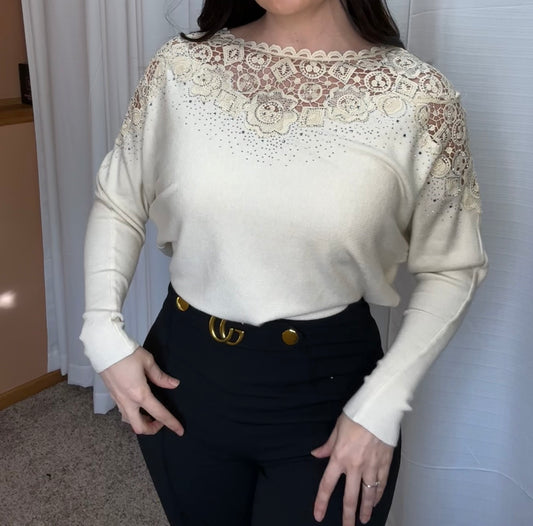 Embellished Floral Lace Yoke Sweater