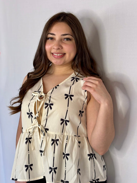Bow Printed Tie Closure Ruffled Vest