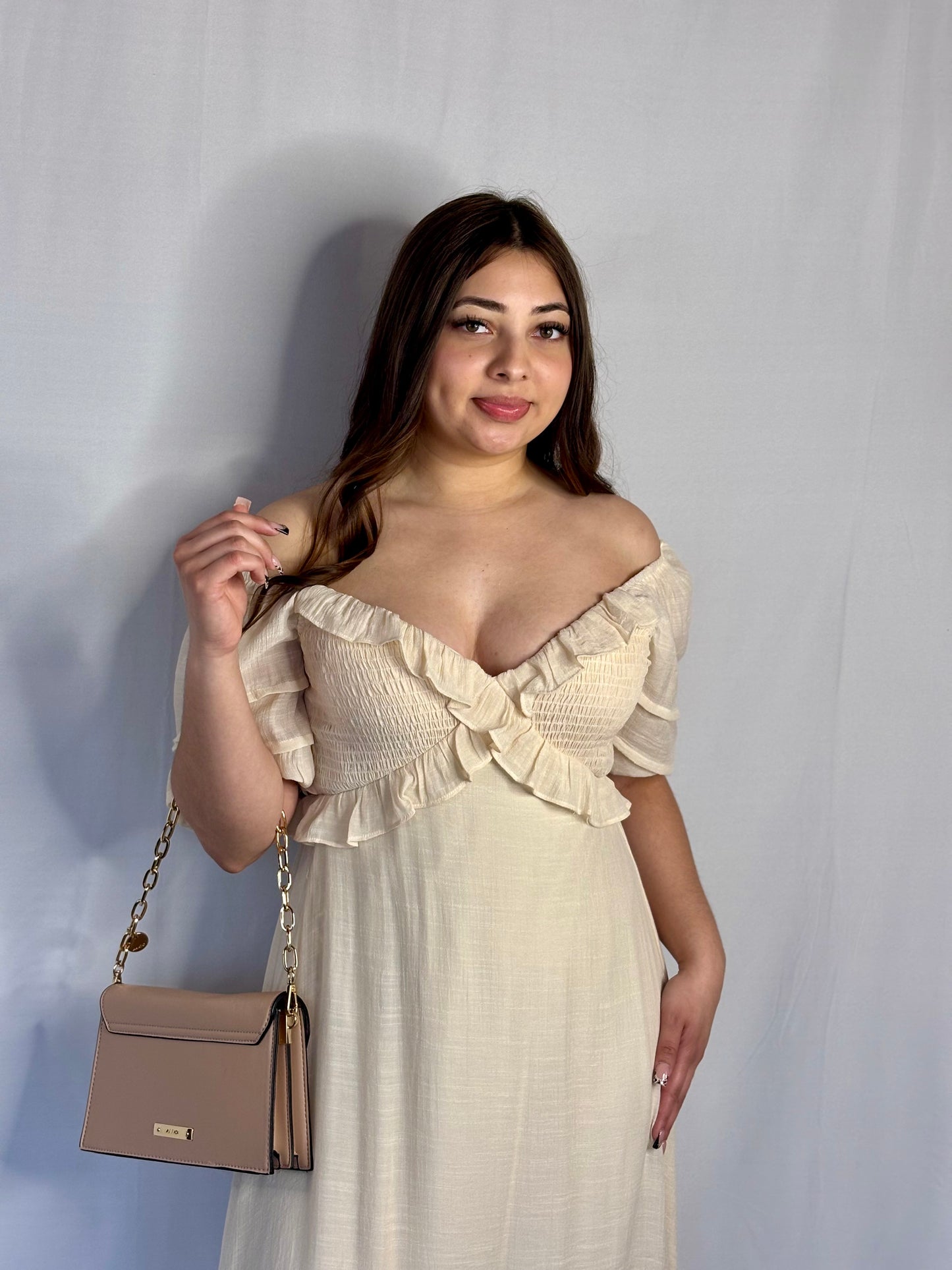 Brianna Ruffled V Neck Woven Midi Dress