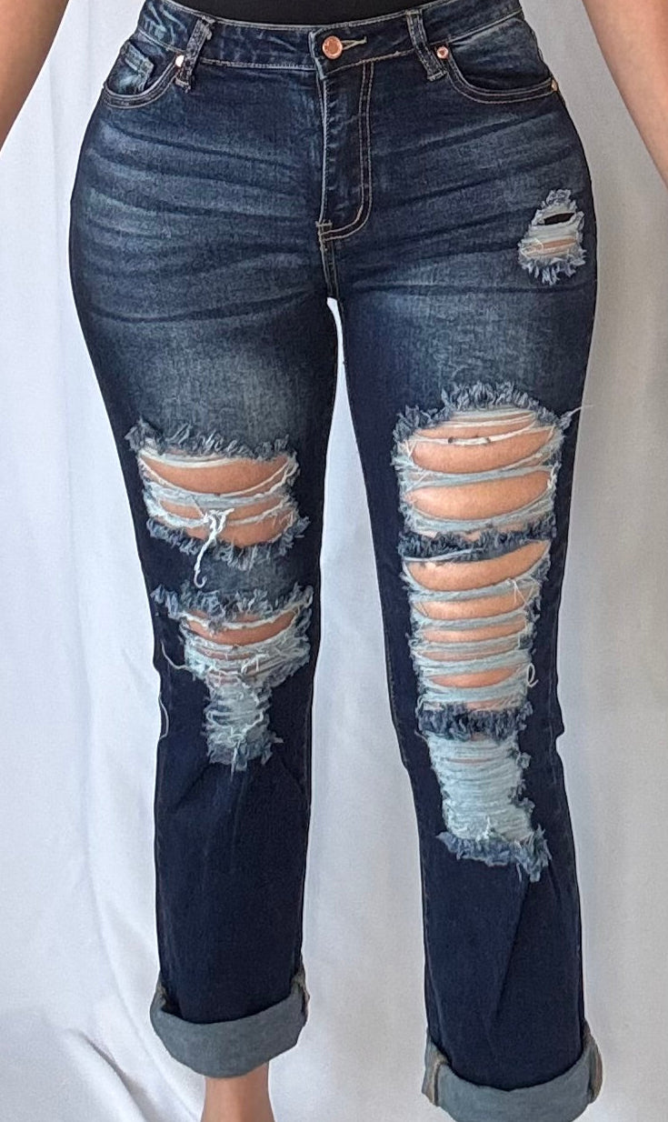Cropped Distressed Rolled Cuff Jeans