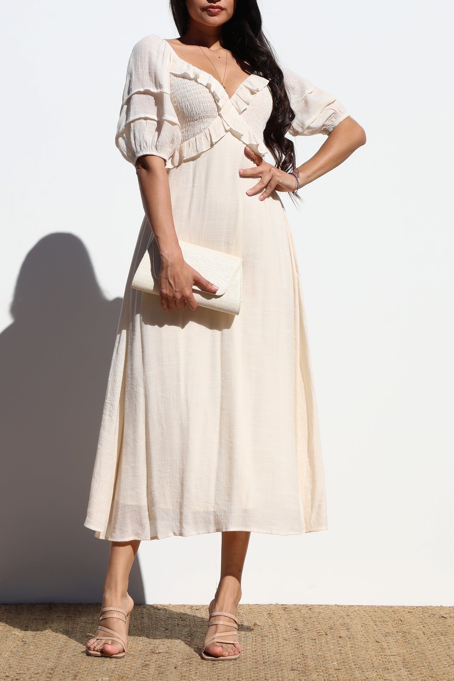 Brianna Ruffled V Neck Woven Midi Dress
