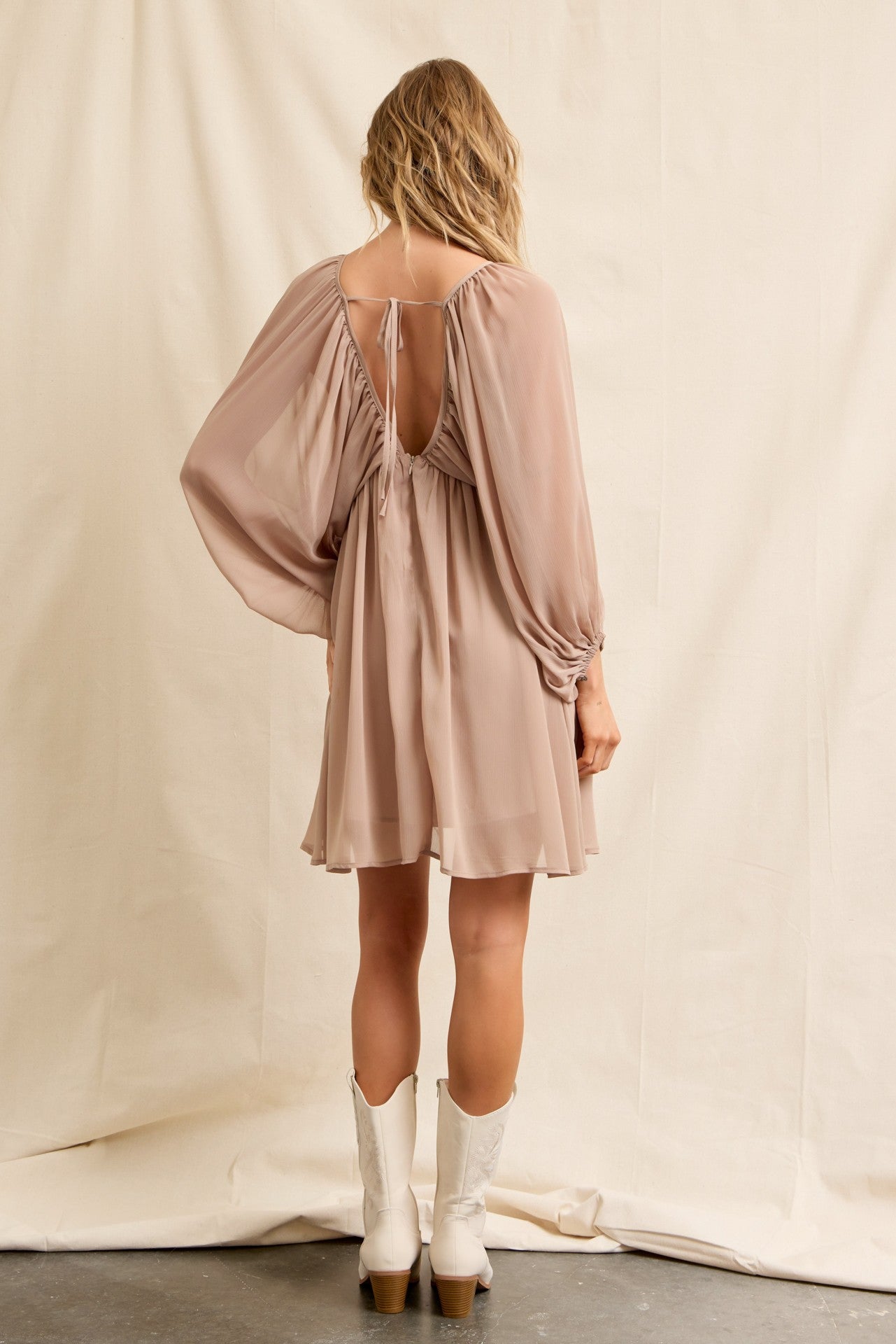 Dina Sheer Woven Mini Dress Blouson Sleeves