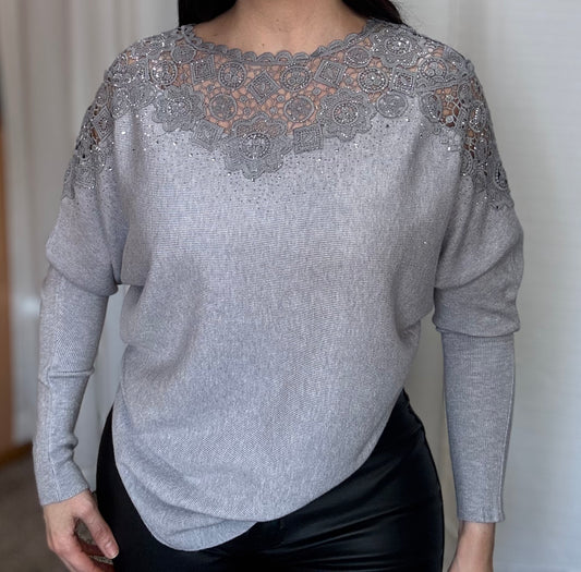 Embellished Floral Lace Yoke Sweater