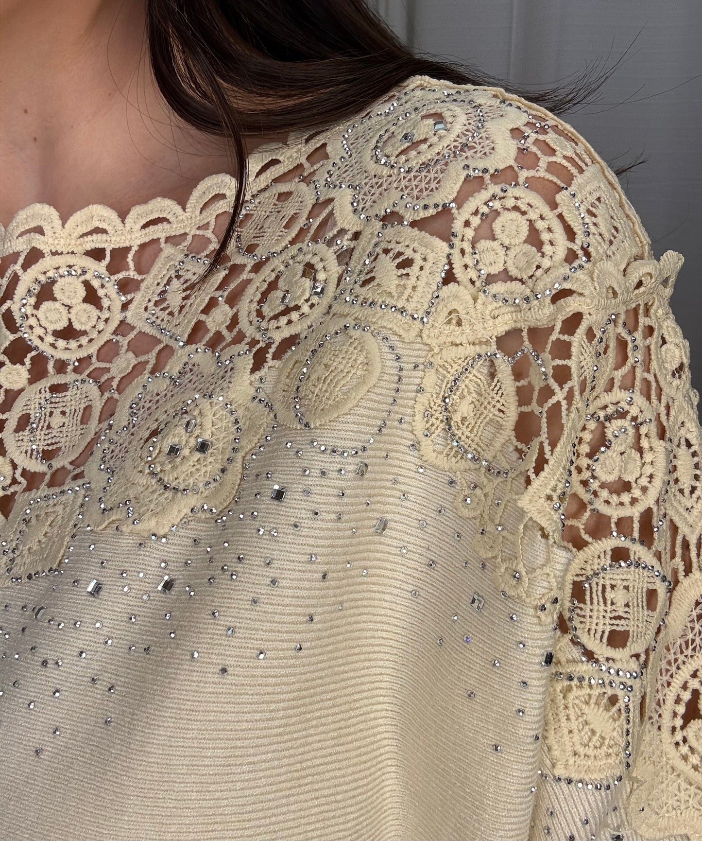 Embellished Floral Lace Yoke Sweater