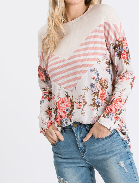 Print, Solid, And Stripe Mixed Long Sleeve Top