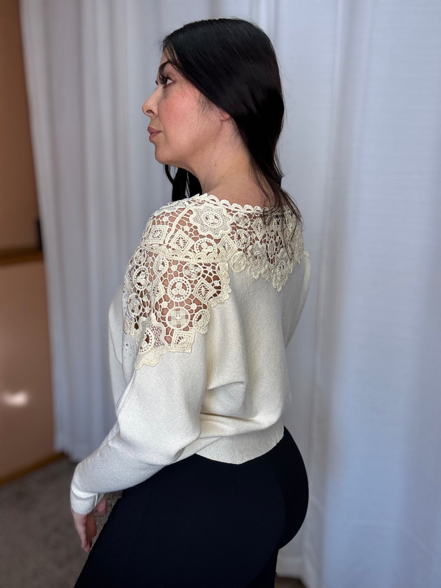 Embellished Floral Lace Yoke Sweater