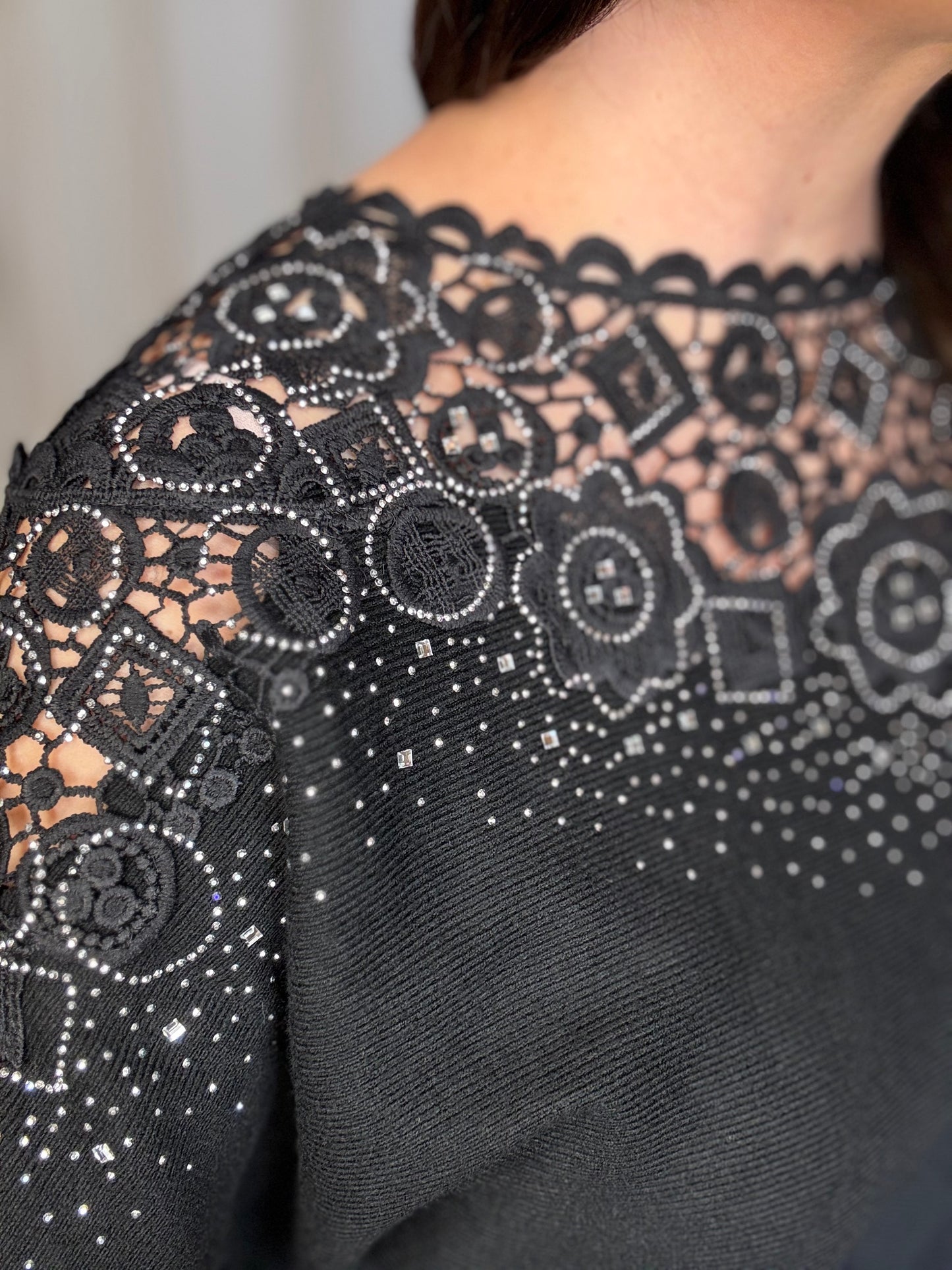 Embellished Floral Lace Yoke Sweater