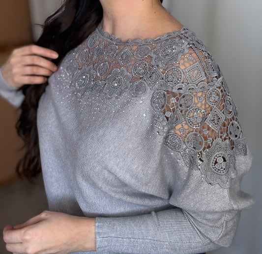 Embellished Floral Lace Yoke Sweater