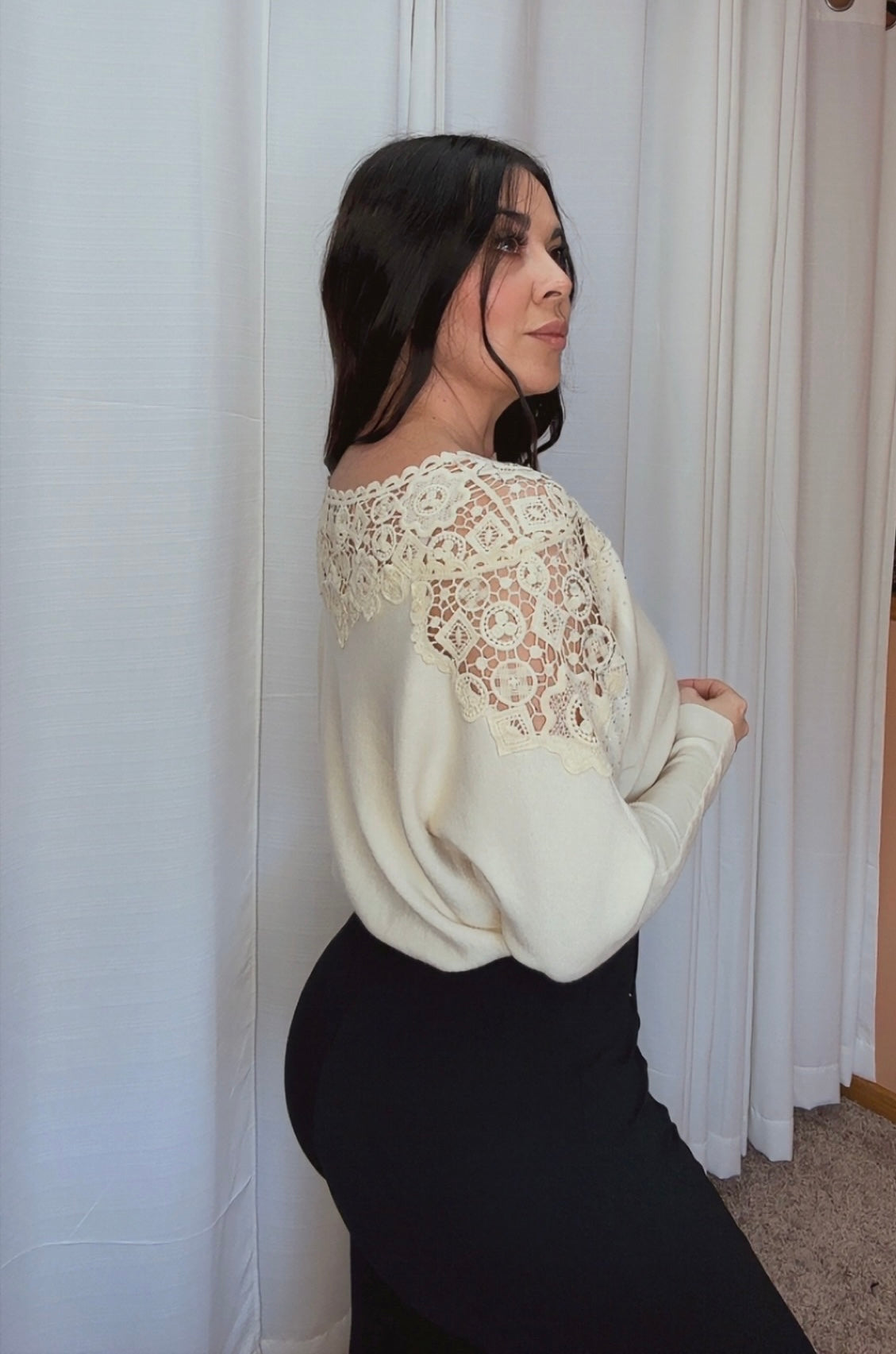 Embellished Floral Lace Yoke Sweater