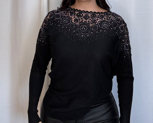 Embellished Floral Lace Yoke Sweater