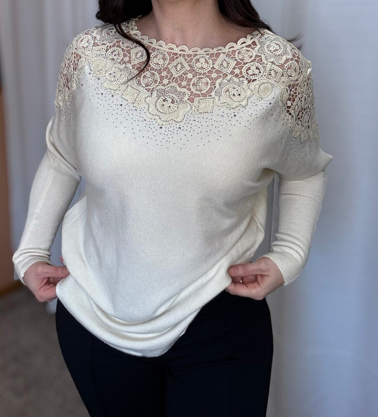 Embellished Floral Lace Yoke Sweater