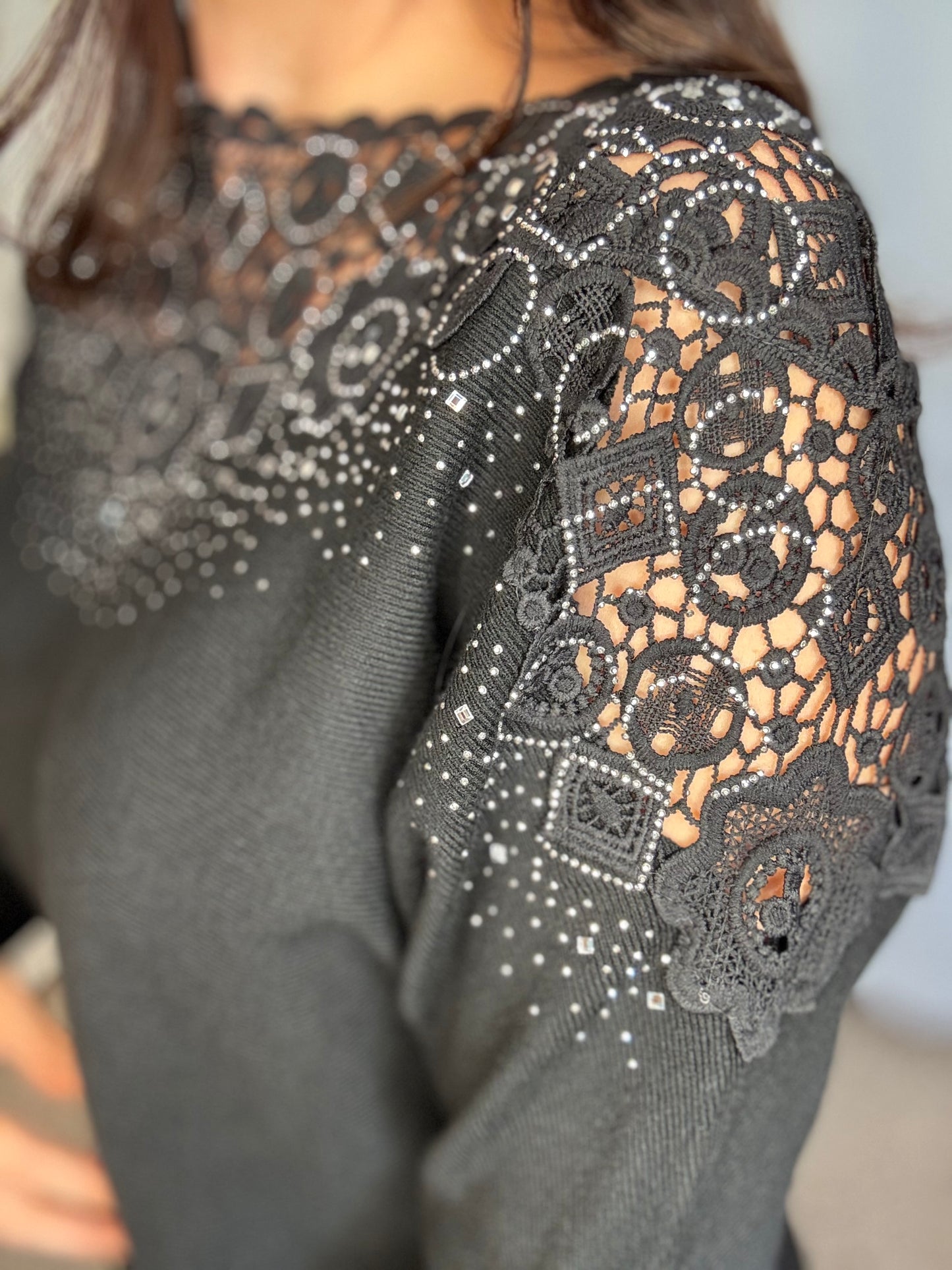 Embellished Floral Lace Yoke Sweater