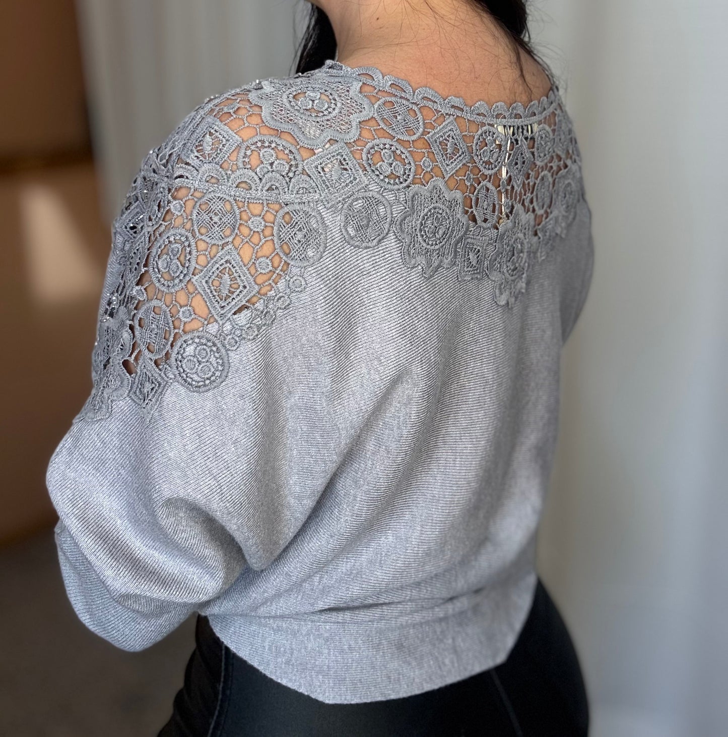 Embellished Floral Lace Yoke Sweater