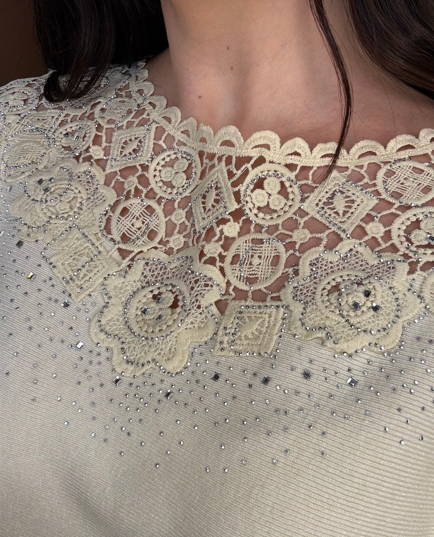 Embellished Floral Lace Yoke Sweater