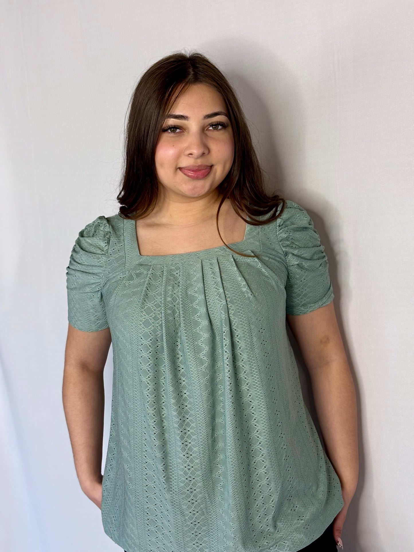 Sara Square Neck Puff Sleeve Tunic Tops Eyelet Shirt