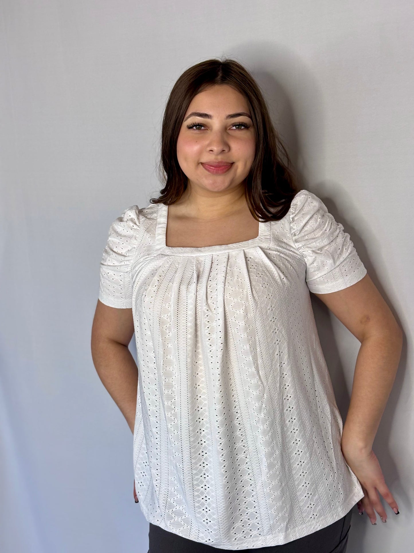 Sara Square Neck Puff Sleeve Tunic Tops Eyelet Shirt