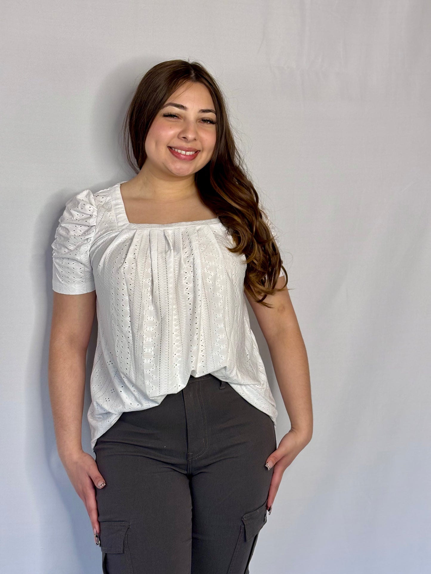 Sara Square Neck Puff Sleeve Tunic Tops Eyelet Shirt